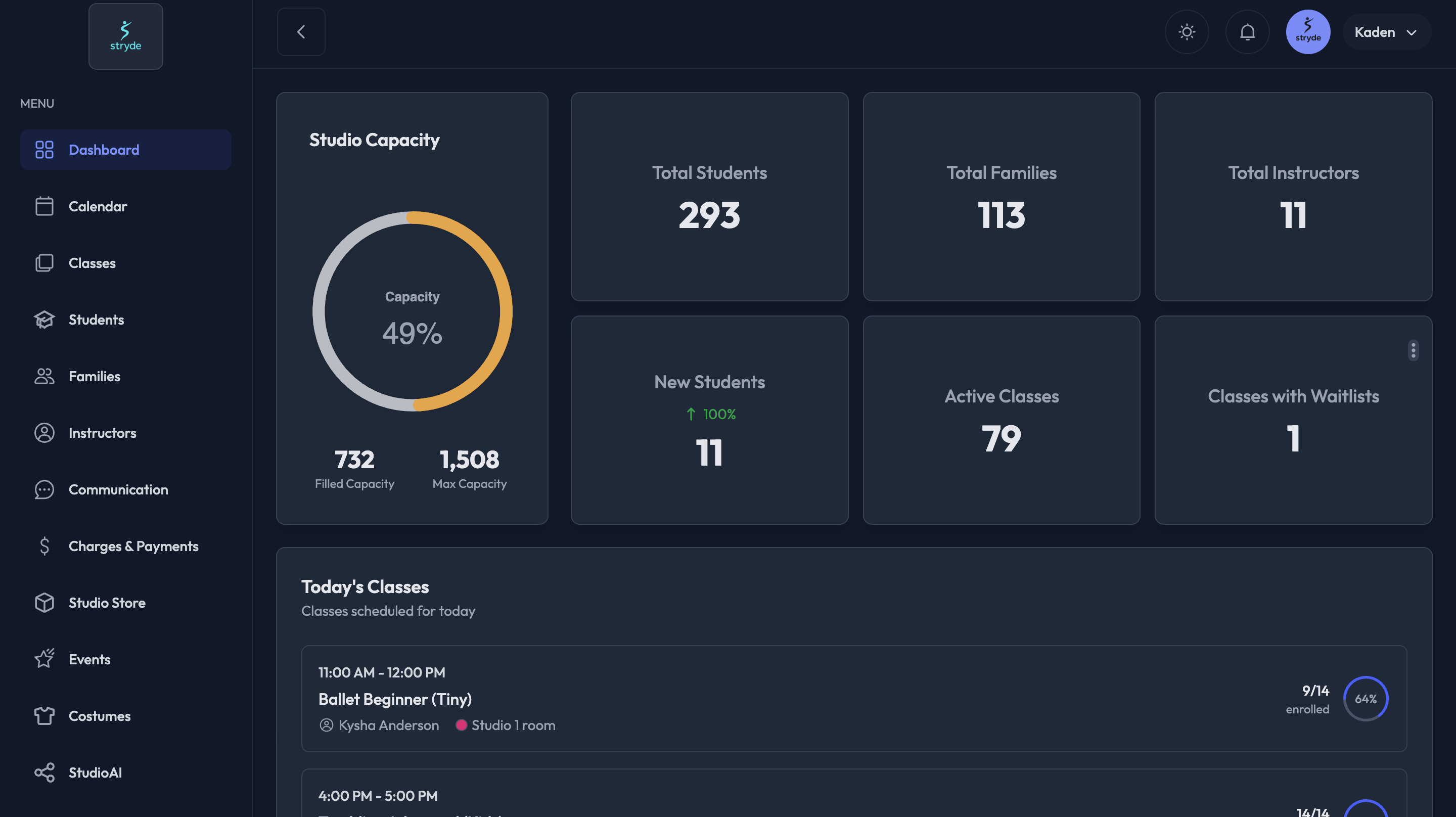 Stryde studio management dashboard